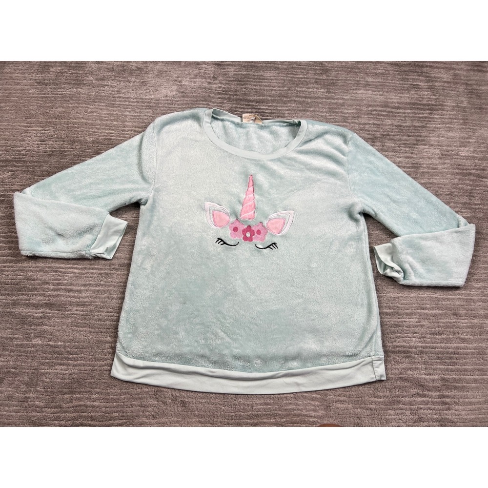 Bobbie Brooks Pajama Top Womens XL Mint Green Unicorn Fuzzy Plush Sleepwear Long